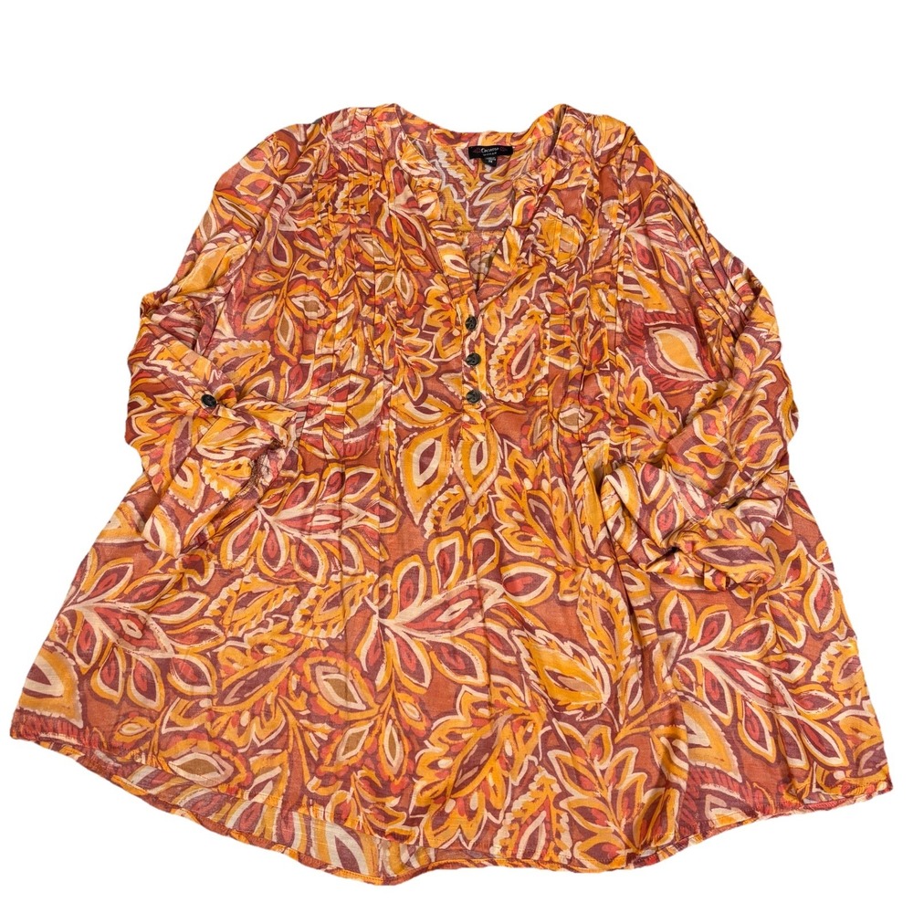 Cocomo Woman Blouse Orange‎ Floral 3/4 Roll Tab Sleeve Size 3X Cottagecore Flowy